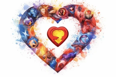 Watercolor, Generate a heart shape using intertwined superhero symbols or logos clipart, hd, on a white background, spaced out