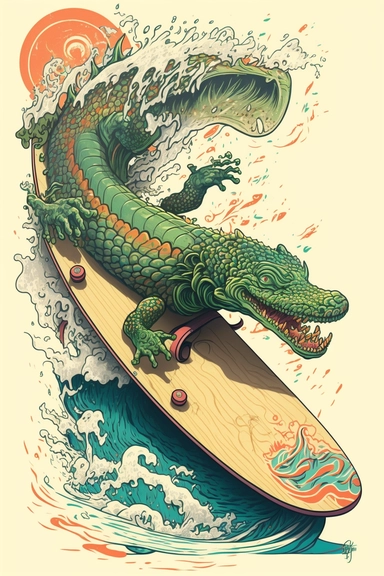 a painting of a cartoon alligator riding kanagawa wave on a longboard surfboard, behance contest winner, psychedelic art, paisley, beautiful waves in sea, james jean and clyde caldwell, clipart, hi - fructose art magazine, katherine lam, artgram, marc newsom, sovietwave,