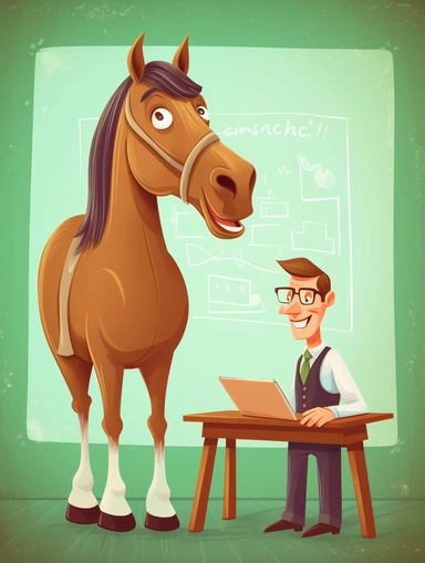 happy horse and teacher in classroom, chalkboard and desk behind them, cartoon style clipart