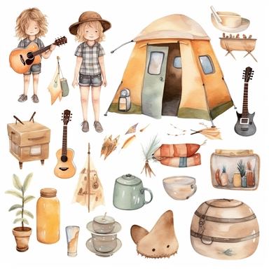 Watercolor boho beach camping illustrations clipart set, simple, soft colors, cartoon elements, different variants, cute little boy and girl , tent, campervan, camping related items, pots, bonfire, full backpack, separate elements with a margin