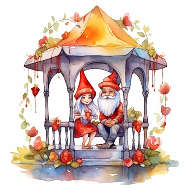 Watercolor magical gnome couple sitting in a gazebo watercolor clipart on white background, vivid colors, enchanting scene clipart on a white background in the style of feminine sticker art, Tanya Shatseva, storybook illustration, red, white and caramel tones, Georgia O'Keeffe, colored line art, colored outlines, cottagecore design, watercolor on white background, crisp tones, sticker outline, colored line art, colored outlines, iridescent ombre, gradient shading, pure tone, vibrant digital art 