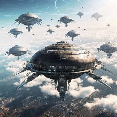 Clipart, A fleet of alien spaceships approaching Earth, hyperrealistic, hyper high definition