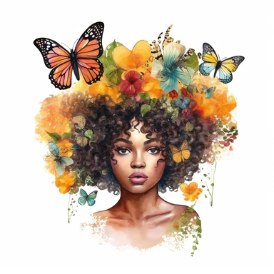watercolor Afro Woman Juneteenth Day with butterfly half wreath drawing cliprart, illustration clipart, high detailed, white background, digital art