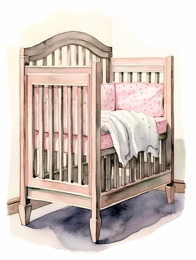 front view, adorable, cute, girls crib, full view, zoom in, done in watercolor, sharp focus, extreme detail, no blur, beautifully carved on white background, sharp focus, extreme detail, no blur, clip art
