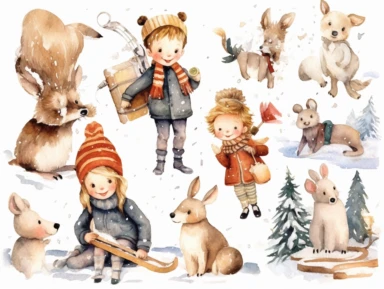 christmas watercolor clipart kids playing in snow, in the style of kitsch aesthetic, murals and wall drawings, dark white and dark beige, depictions of animals, domestic interiors, cut and paste, cottagepunk
