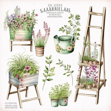 Spring Planters, springtime cute planter boxes and garden ladders, Sublimation Clipart, on a white background