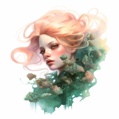rose gold mermaid girl isoleted on white background, in the style of anna dittmann, emerald and aquamarine, zhang jingna, detailed painting, detailed character illustrations, fluid, watery, organic shapes, transparent/translucent medium, isoleted on white background, clipart