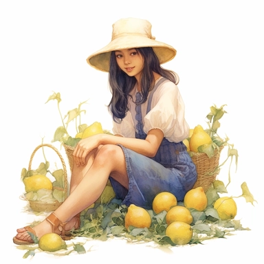 ront illumination of ultra realistic watercolor of full body of an insanely beautiful Edwardian era asian farm girl happy, sitting on the field with some lemons next to her, lemon themed, highly detailed and realistic, insane quality, mystic, wiccan, art nouveau art style, clipart witchcore dreamcore cottagecore white background no text, isolated on white, ghibli style, watercolor illustration, award winning