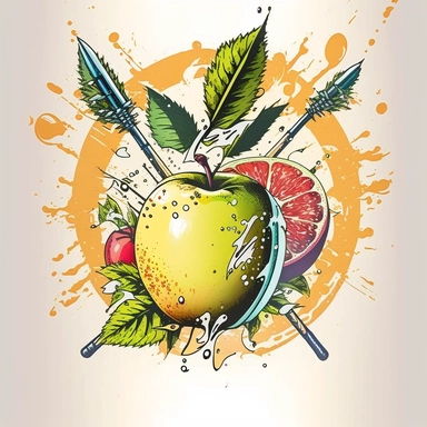 clipart illustration. In the center of the illustration are two fruits a whole apple and a whole grapefruit, in front of the illustration, an arrow from a bow flies and pierces both fruits. Splashes of the juice of both fruits are everywhere. Juicy, bright, dynamic illustration. ar--3:2