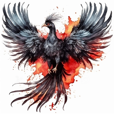 watercolor dark fantasy mystic black phoenix clipart, hd 4k, detailed, focused, isolated on white background