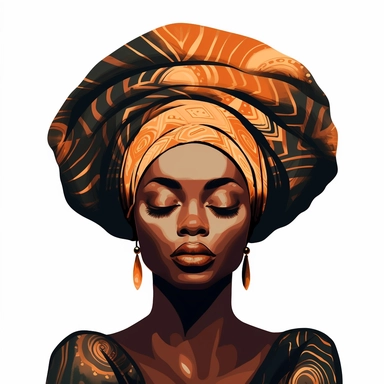 Clipart style, close in the face of a black woman. Her eyes are closed. She is faces forward, Soft glam makeup bioluminescent African pattern head wrap on a white background