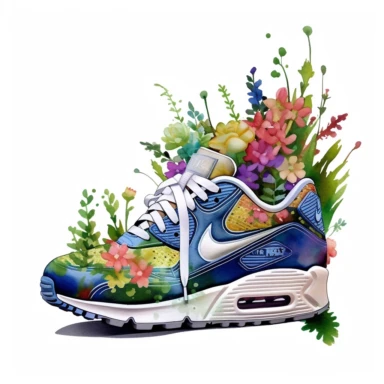 nike air max, with wildflowers growing on and around the shoe, cartoon illustration, airbrush art style, realism, clipart, white background