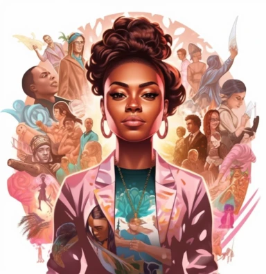 African American Black Girl Magic boss lady vector clipart vector illustration with transparent background, in the style of light indigo and light crimson, photo-realistic hyperbole, cluj school, transparent/translucent medium, detailed crowd scenes, light pink and light emerald, dark brown and white