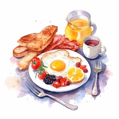 one breakfast time watercolor clip art on a white background, in the style of fine detailed, iconic, weathercore, broad palette knife marks, intense, no watermark, text, words, paintbrush, typography, the images do not stick together