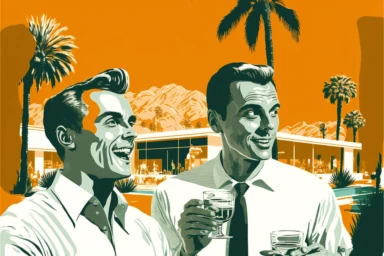 letraset clipart of 2 handsome 40 year old men drinking martinis in palm springs, 1960's, happy, laughing, palm trees, mid century building, pool