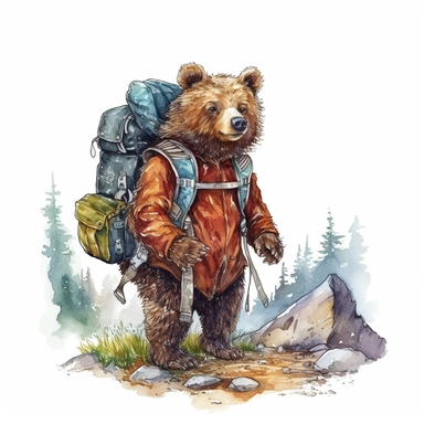Wanderlust bear, watercolor hand draw Illustration clipart, 4K, extremely detailed