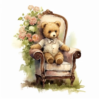 victorian vintage adorable little teddy with banquette and wild flowers, full body, clipart style, accurate details, oil painting technique, super high quality, professional watercolor clipart, high resolution