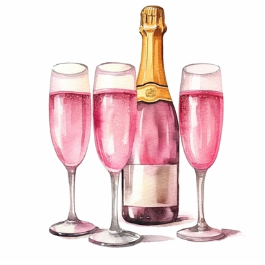 watercolour pink champagne bottle with 4 champagne glasses hd clipart white background