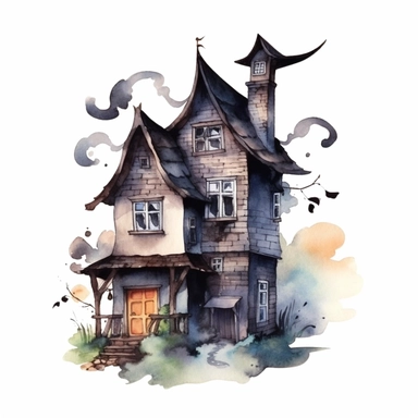 watercolor witch house, gothic vintage style witch house, super high quality, professional watercolor clipart, high resolution, clip art, animals on the sides cauldrons in the backyard, gargoyles, bats