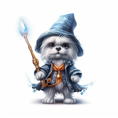 Adorable cute fantasy baby dog dressed like wizard standing in dynamic pose,front view,fullbody,sharp through out,happy expression, nursery art, clipart image, lineart image, white background, very detailed, 8k, composition wide shot