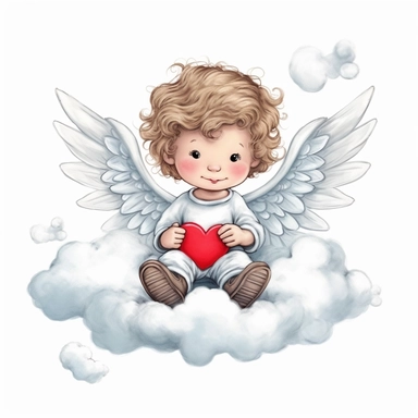 a happy cute little angel cupid a two year old sitting on the cloud, red heart in hands, style by Lusy Fleming, folk art, watercolor, clipart elements, smooth gradients, black contour outline, ultra detailed, white background, super clear, high quality