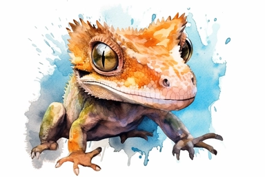Watercolor, Crested Gecko Reptile, clipart, hd, on a white background, spaced out