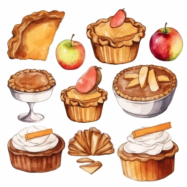 a watercolor clipart featuring a variety of Thanksgiving pies, such as pumpkin, apple, pecan, and sweet potato, cliparts,watercolor illustration, white background for removing background