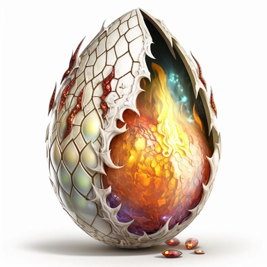 flaming white dragon egg, gems, painting, clipart, no text, white background