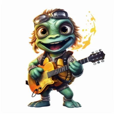 cute Turtle character wearing rock music clothes and music element with happy face,front facing on isolated background,with happy face and expression,Animal Sublimation Clipart,no splash watercolor,white background, ultra detailed clipart, cut out image, colorful watercolor realistic, cartoon style, ultra HD, sharp and clean art