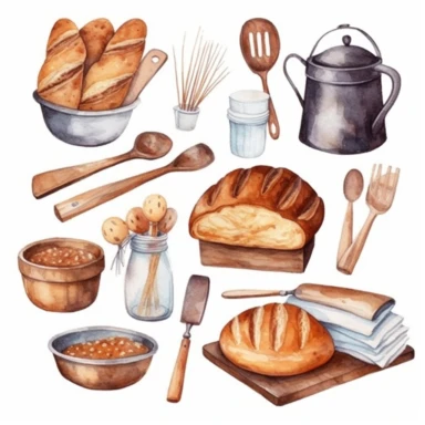 Watercolor baking clipart, kitchen utensils, bread clip art, watercolour tableware, kitchenware, wood tools,