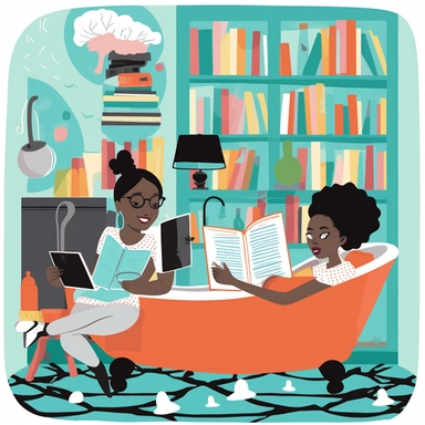 african american teenager girls stuck in a bathtub with books in the white house bathroom in the style of dr. seuss with a simple pastel color palette clip art--ar 10:8