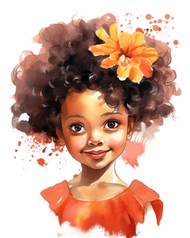 a little afro girl portrait in watercolor Disney style clipart on white background, hugh eyes, sarah kay, holly hobbies, valentines day