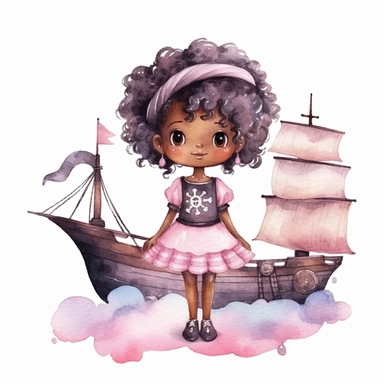 Cute little black skin pirate girl standing on her pirate ship pink watercolor Clipart