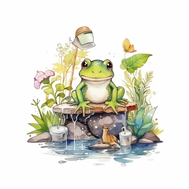 a Cute Frog taking care of house plants, plant lover clipart, vintage illustration, vintage print poster, Woods Forest Animals Frog PNG Frog Daisy Flowers Water Lilies Sublimation watercolor print, white background, watercolor paint, procreate watercolor drawing, Watercolor Sublimation design, realistic cartoon, realistic water based colors, clipart, transparent white background