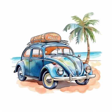 Cute Beautiful Beach Car Watercolor Sublimation Clipart,Cartoon, hyper realistic, intricate detail, illustration style,high solution,on the white background