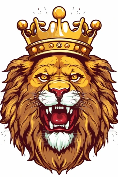 Cartoon clipart style ferocious lion roaring wearing a golden crown. Plain white Background