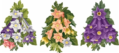 flower climbing bells clipart, set cineraria and leaves, color flowers, cartoon style, 300dpi