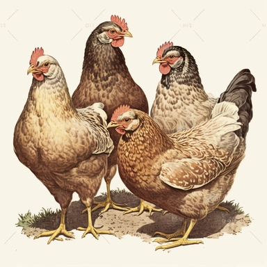 Full Body Wide Shot View Of a Chicken Brood Illustration, 1920s Illustration, Vintage, Antique, Ephemera, Clipart, 8k, Isolated on white