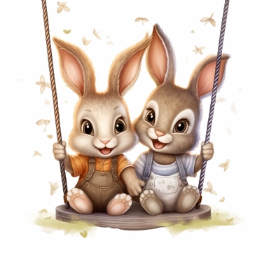 Cute Beautiful Happy Face Couple Baby Bunny sit on a swing Sublimation Clipart , Cartoon, hyper realistic, intricate detail, illustration style, high solution, isolated on the white background