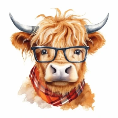 Illustrate a lovable baby Highland cow with sunglasses in a nursery kids' style watercolor clipart, capturing its innocence and creating a high-quality, ultra HD image.