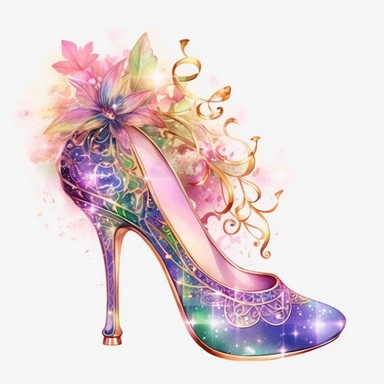 Light watercolor style, Fairycore clipart shimmery, a Glass slippers , dreamy aesthetic, pinks, purples, golds, greens, intricate, single object, print on demand image, PNG transparent background, white background for removing background - - no text shadow font watermark, 8k