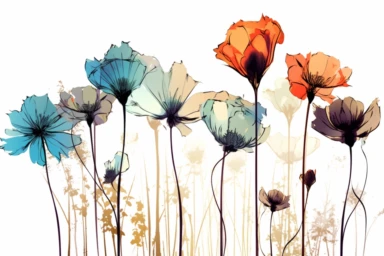 ink drawing six flowers vector clipart, ink style, flat style, free-hand light color brush strokes under ink lines, sparse use of color, white background, spaced out, juxtaposition of lines, elegant inking techniques, black ink strokes
