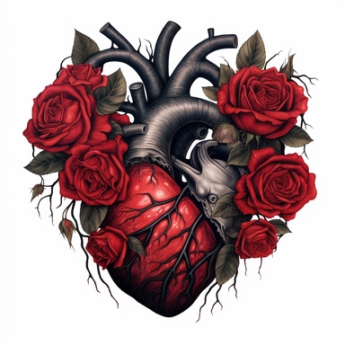 anatomical red heart with black roses clipart, white background