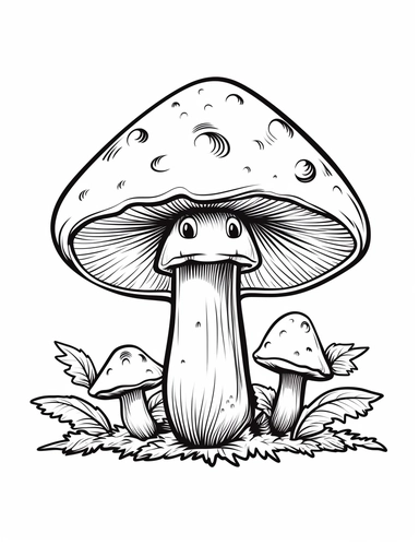 cute cartoon clipart fat mushroom in the style of Pierre-Auguste Renior black and white coloring book, black and white smooth thick lines, solid white background, no background