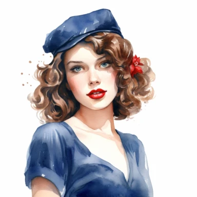 A portrait of a beautiful French girl, brown hair with curls, hair length to shoulders, red lipstick, wearing a blue berette, watercolor style, clipart, white background.