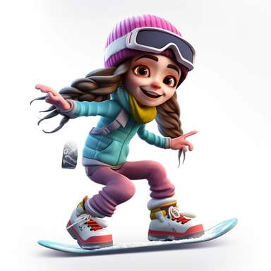 cute young girl snowboarding in action on snowboard, smiling, full body, downhill snowboard clipart, Sport graphics, wide angle, 16k polished, isolated on white background, 3d, rendered by pixar