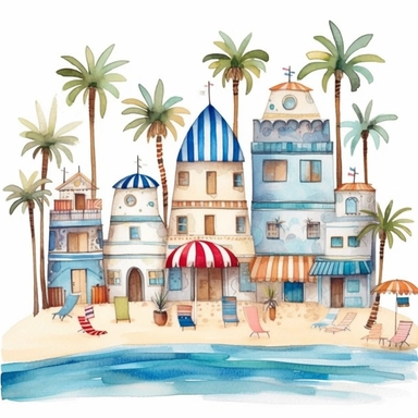 Very cute little houses, whimsical, beach scenery, bohemian style, blue sea and sand, boho style, sun beds, umbrellas, colorful stripes, palm trees, sea shore, 9 High Clipart, cute design in Michael Powell style, Watercolor Art, white background