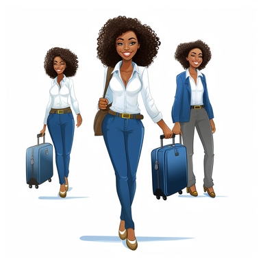 Clipart, 4 curvy African American weman smiling all in a white t shirts and blue jeans with suit cases walking through airport ,