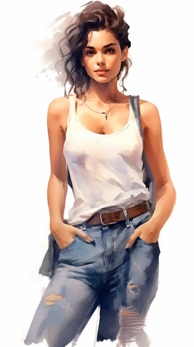 watercolor stylized clipart of a gorgeous spicey hispanic woman bombshell in a white croptop and denim overalls, posing, epic light, chaotic,