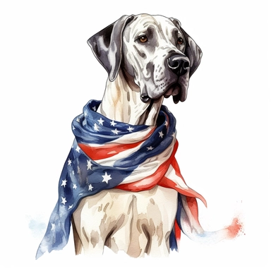 realistic watercolor of a Great Dane wering a american flag scarf, vector free clipart illustration, in the style of unreal engine 5, 32k uhd, detailed features, white background